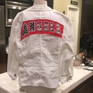 SALE MLB Angels Baseball  jacket denim white upcycled one of a kind size 16